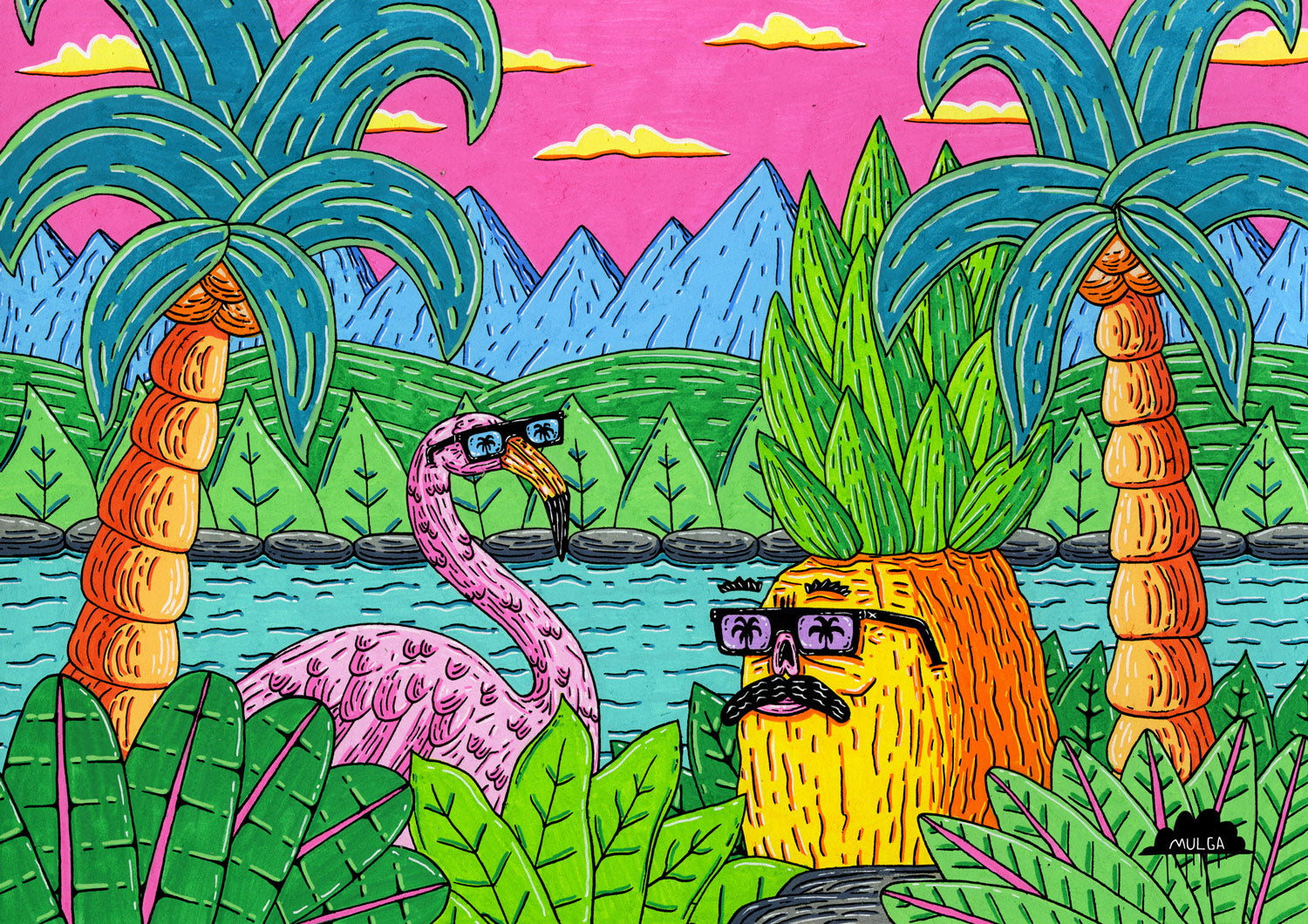 John the Flamingo and Tony the Pineapple - Fine Art Print – Mulga